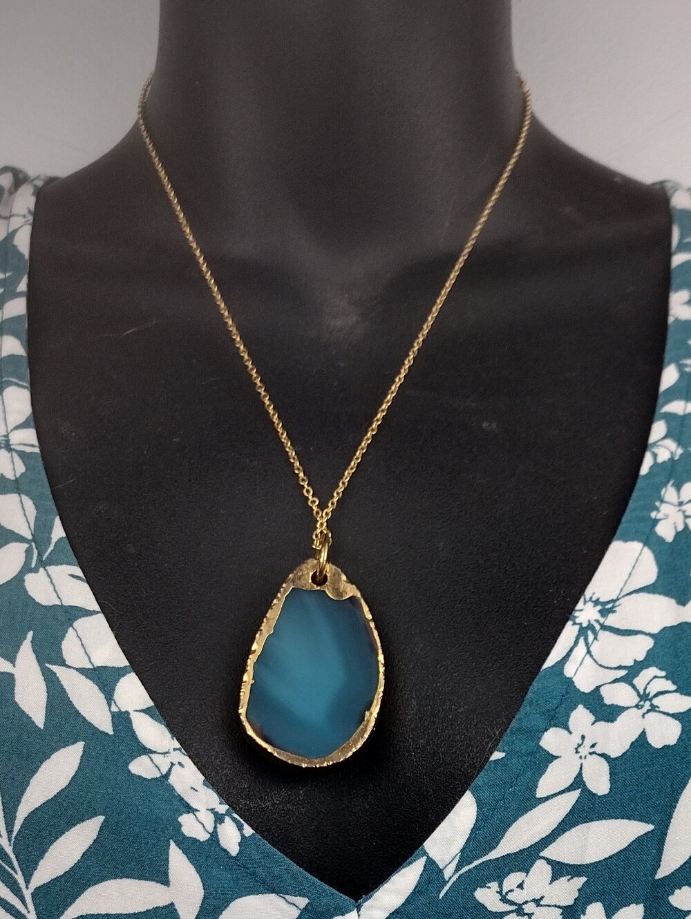 Gold-Trim Teardrop Blue Agate Pendant Necklace